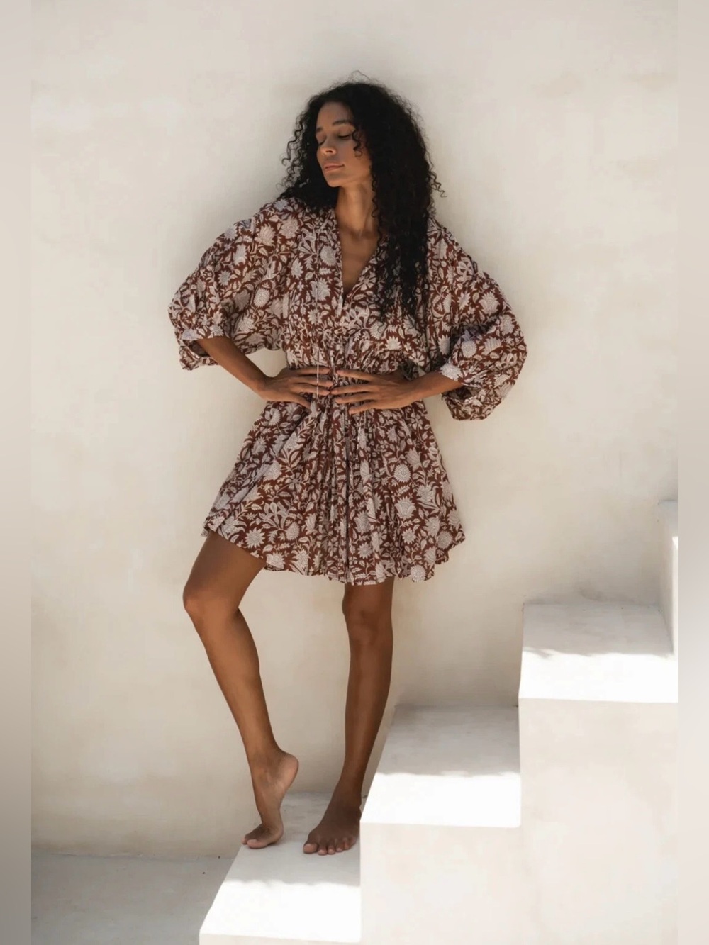 Daughters of India Maroon Floral Cotton Mini Dress XS Boho - Picture 4 of 17